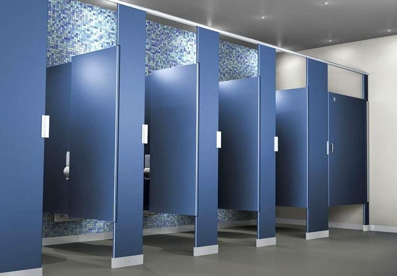 blue bathroom stalls